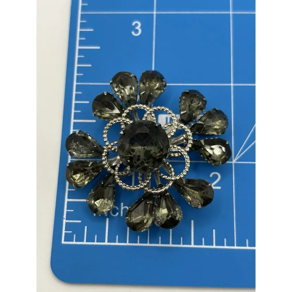 Vintage‎ Rhinestone Brooch Smoky Black Navette Silver Tone J1-3011